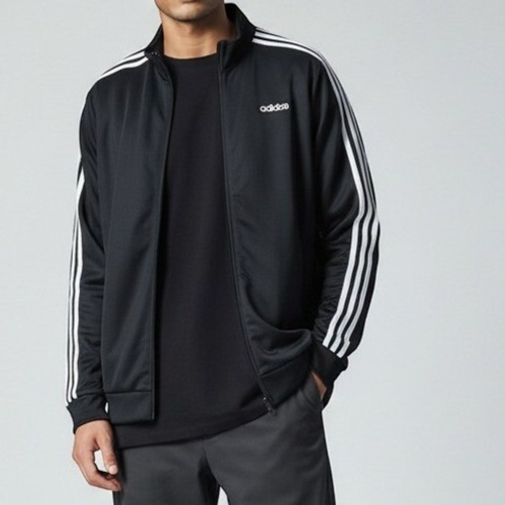 Adidas Track Jacket L Tall Black White 3-Stripe 90s Full Zip Sportswear Active